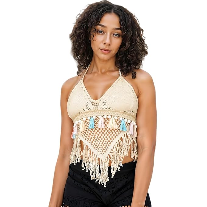 Women's Summer Beach Backless Crochet Halter Bikini Crop Top Crochet Hollow Out Tassel Embroidery Knit Boho Beachwear
